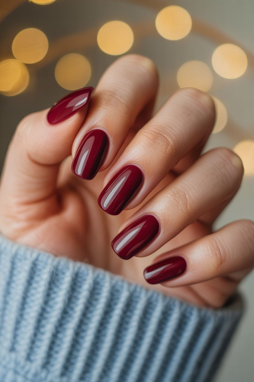 Simple December Nails Short Maroon Red Round