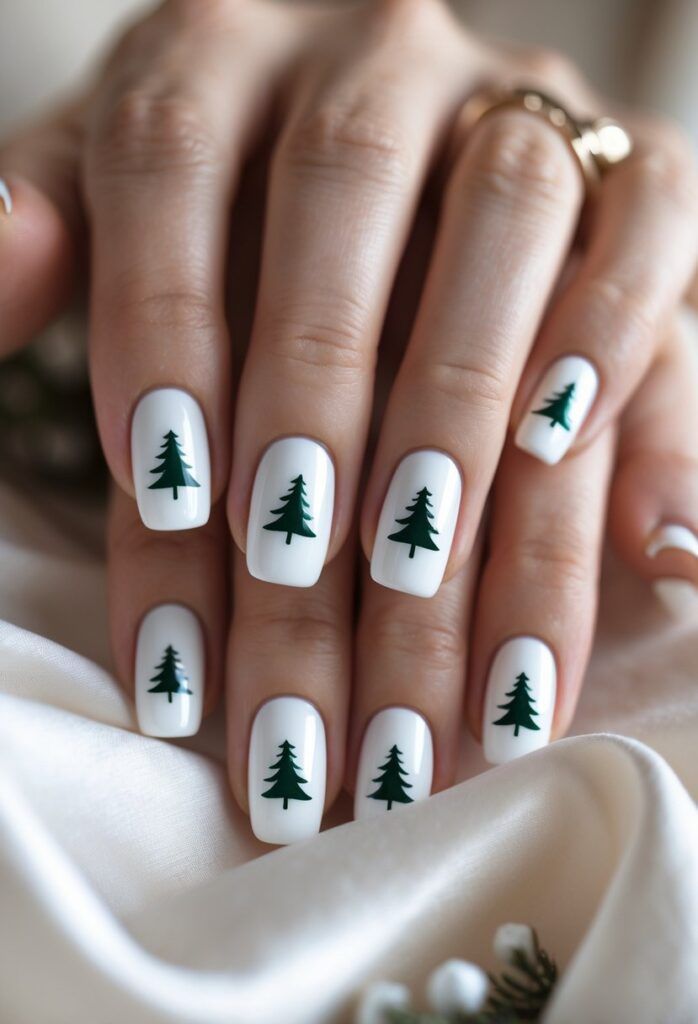 Simple December Nails Short Milky White Pine Trees