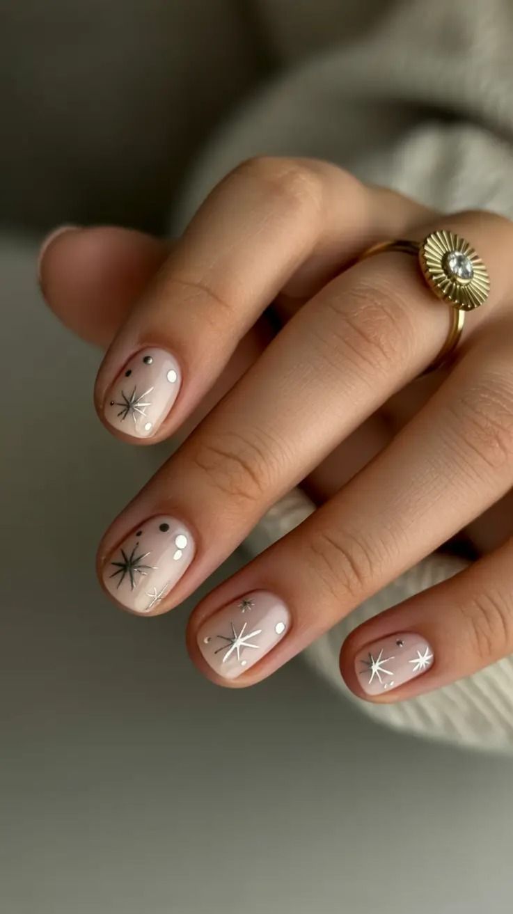 Simple December Nails Short Nude Silver Starburst