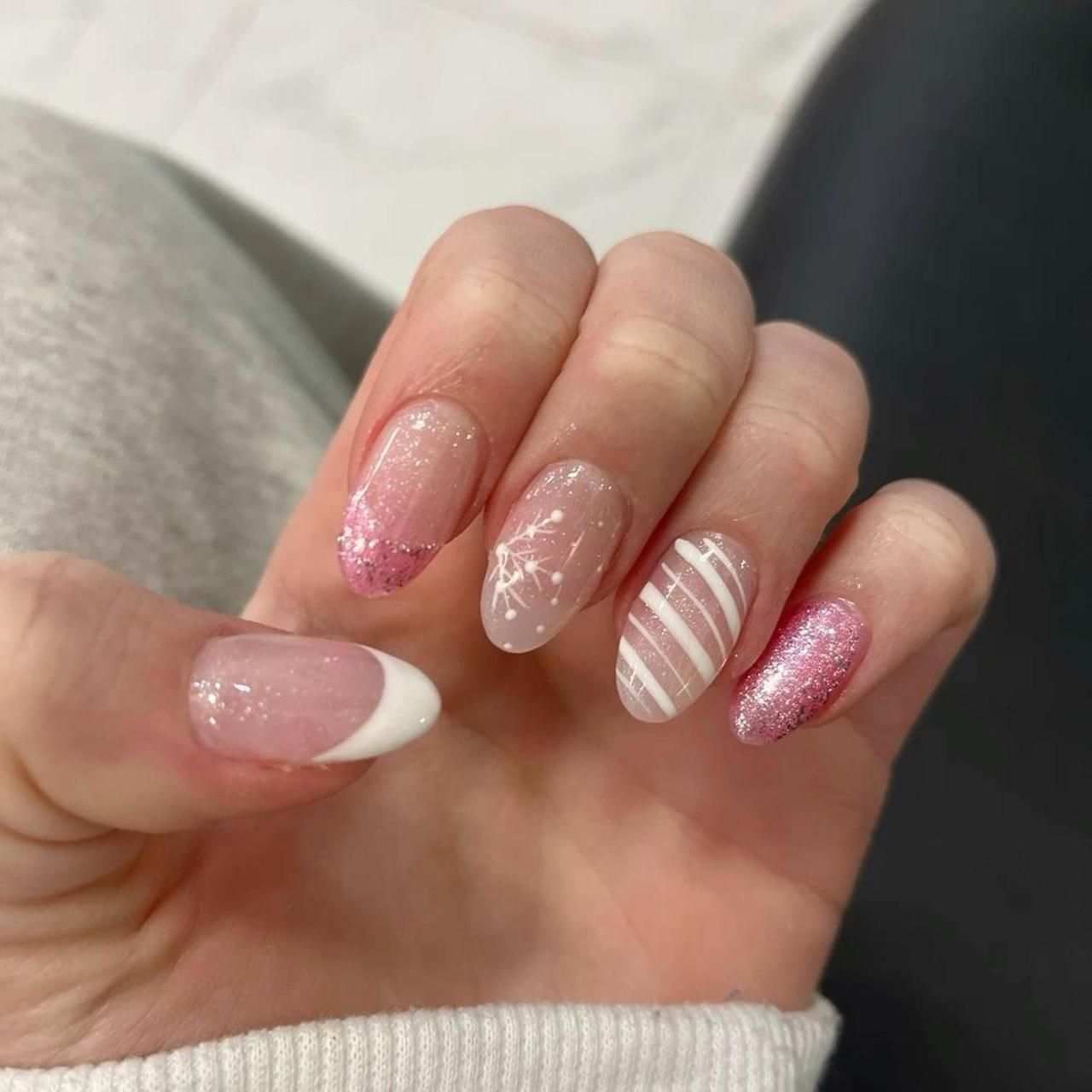 Simple December Nails Short Pink Candy Cane Glitter
