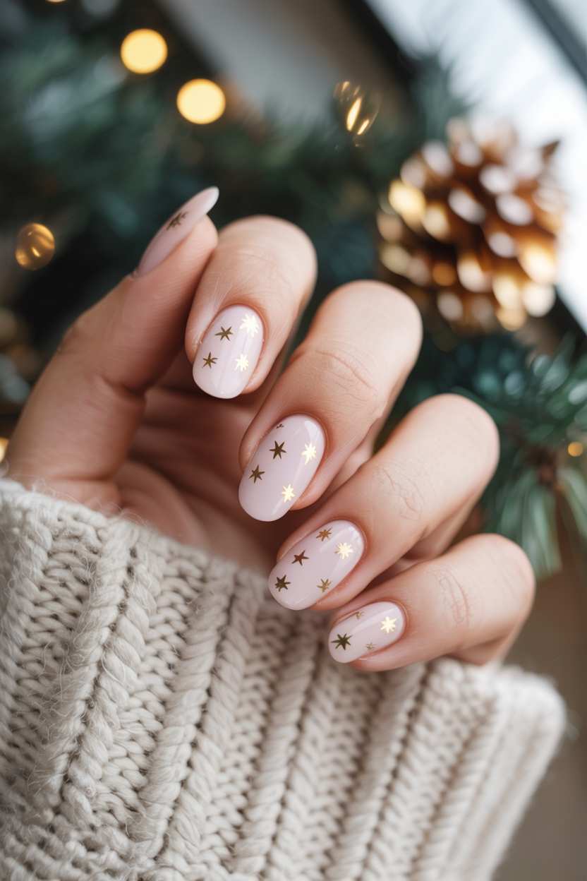 Simple December Nails Short Pink Tiny Gold Stars
