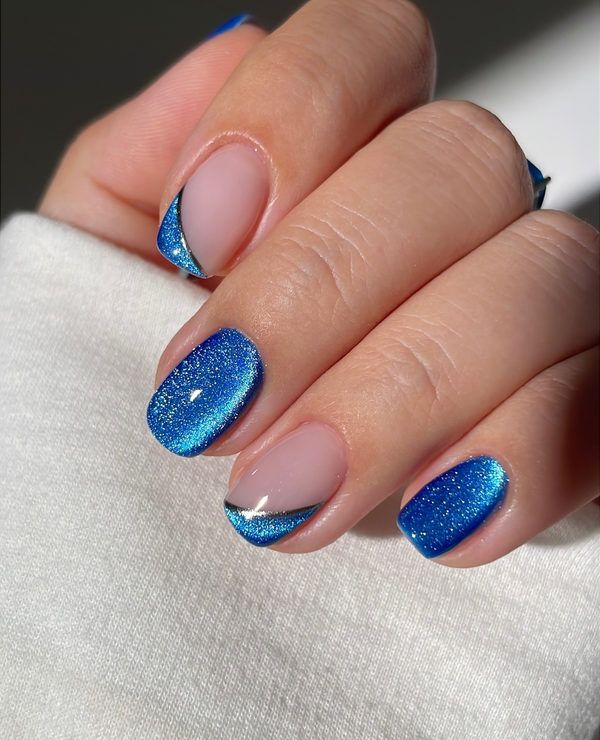 Simple December Nails Short Royal Blue Cat Eye