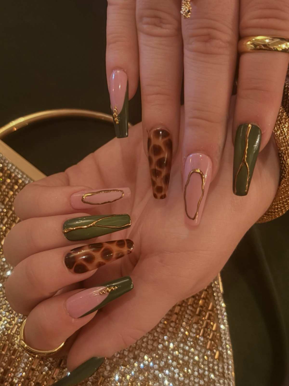 Simple Olive Green And Tortoiseshell Nails With Gold Accents