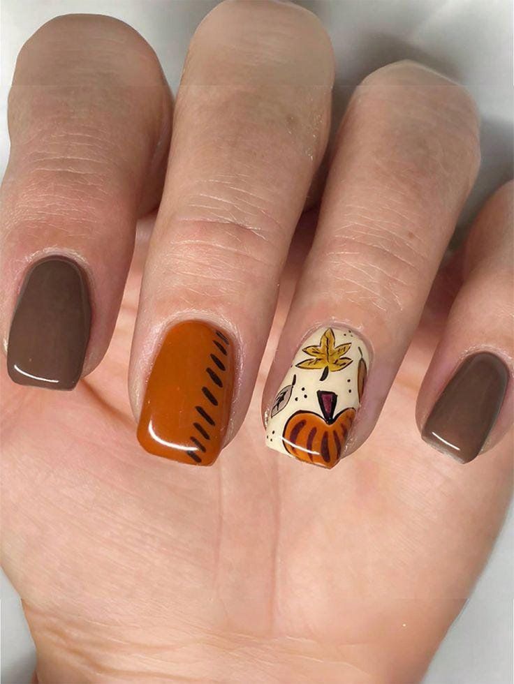 Simple Short Brown And Mustard Pumpkin Thanksgiving Nails
