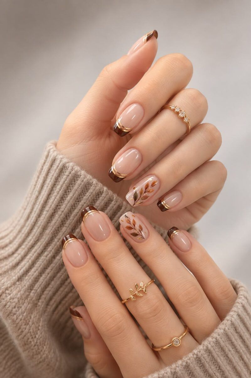 Simple Short Brown French Tips With Gold Line And Leaf Art