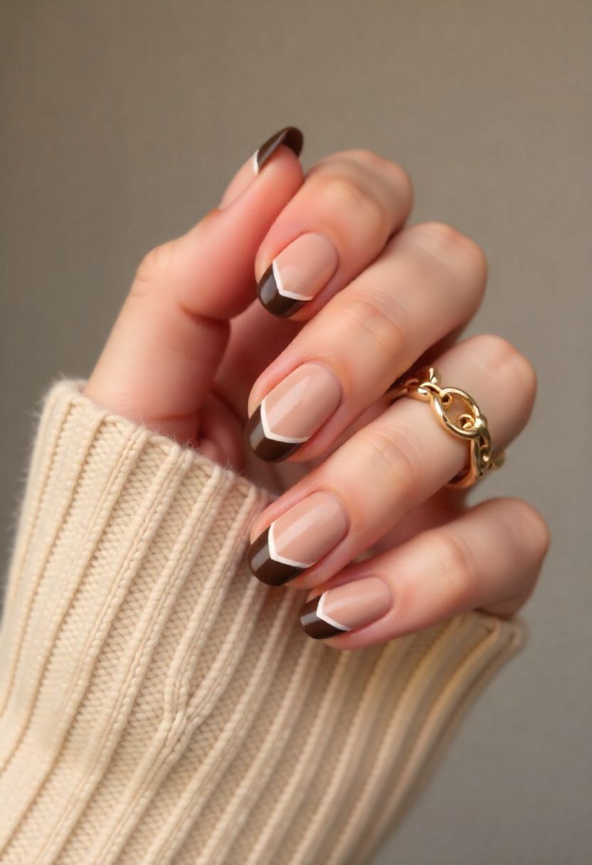 Simple Short Chocolate Brown Chevron French Tip Nails