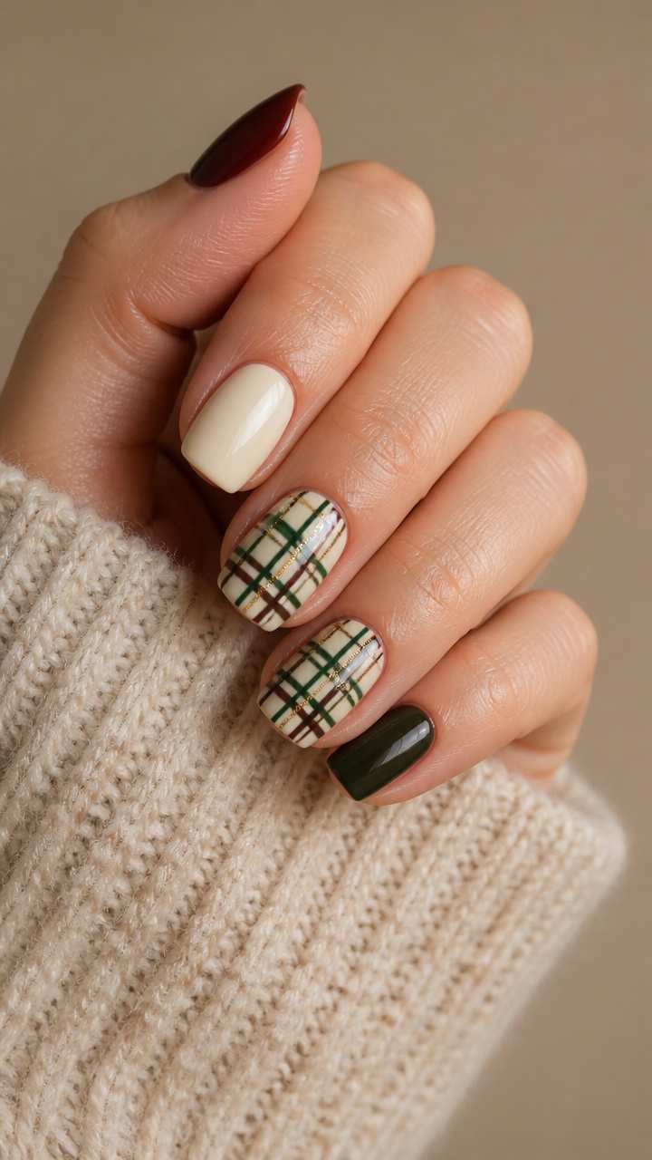 Simple Short Cozy Plaid Thanksgiving Nails