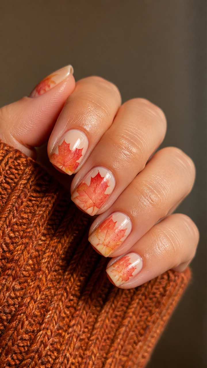Simple Short Maple Leaf Watercolor Thanksgiving Nails
