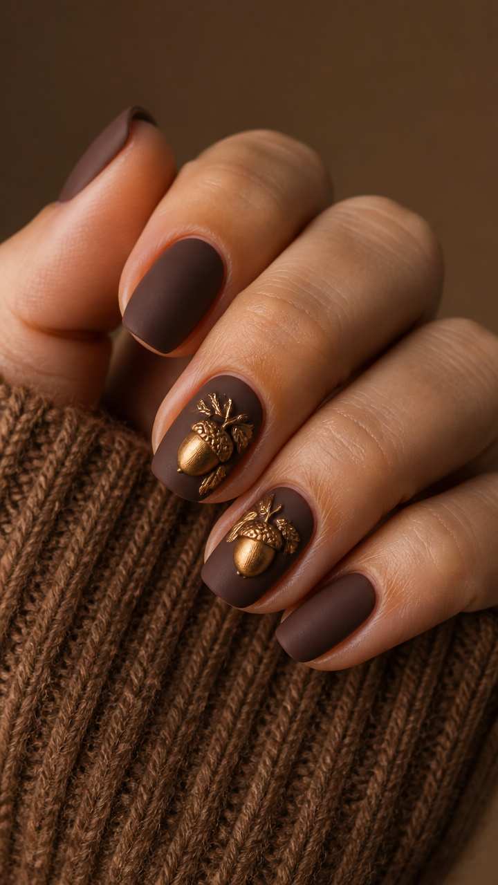 Simple Short Matte Brown Nails With Gilded Acorns