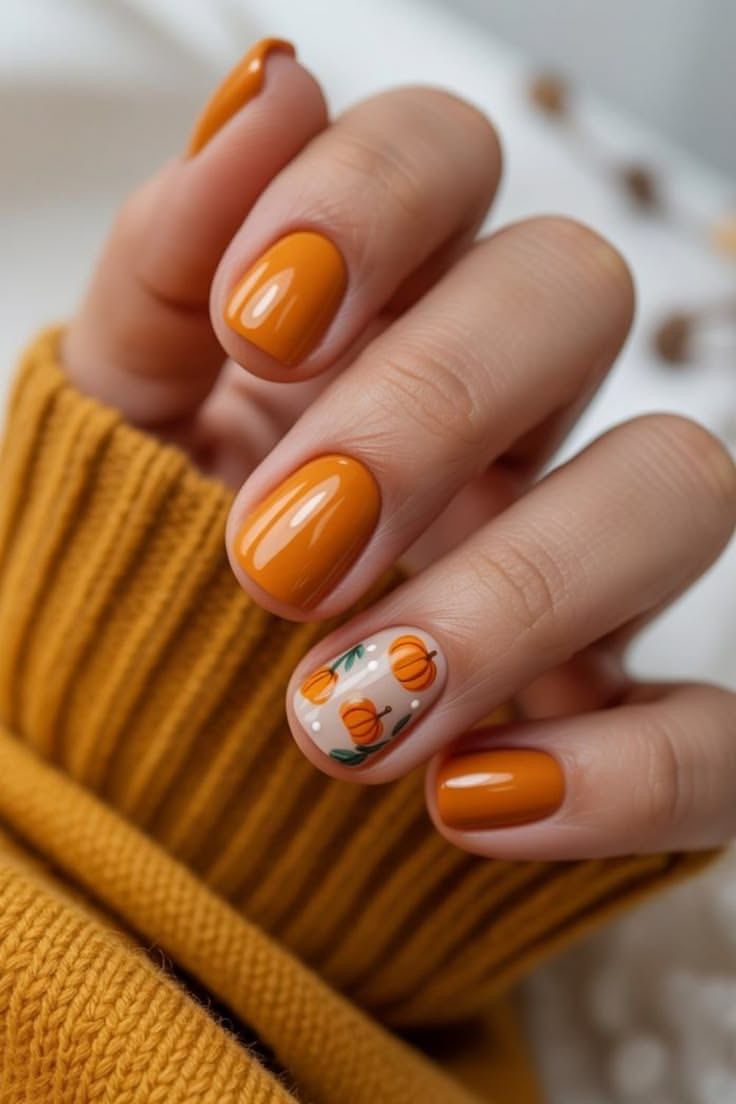 Simple Short Mustard Pumpkin Thanksgiving Nails