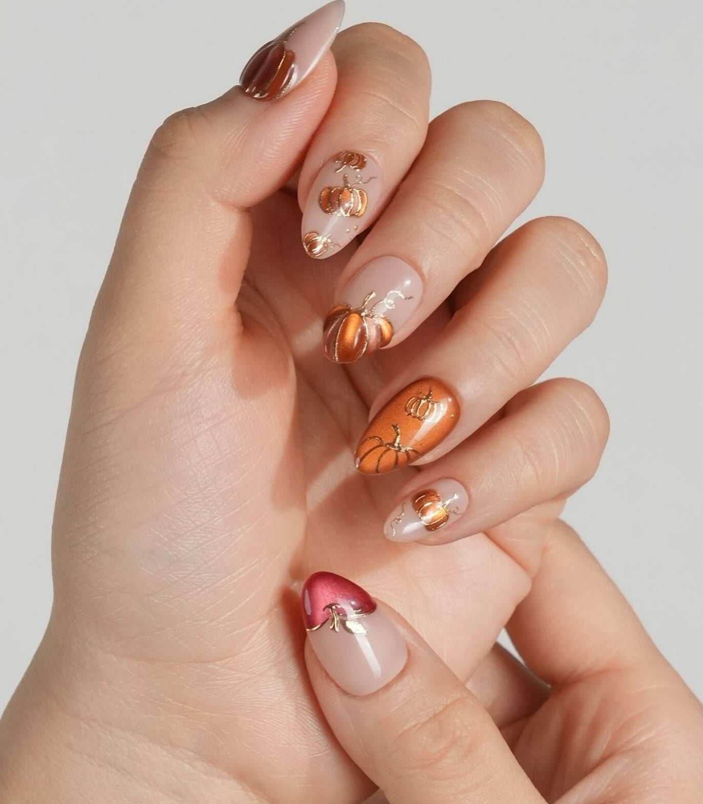 Simple Short Nude And Copper Pumpkin Thanksgiving Nails