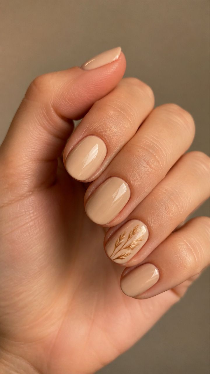 Simple Short Nude Nails With Golden Wheat Accent