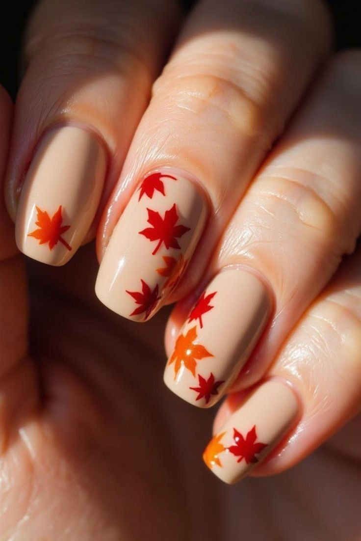 Simple Short Nude Nails With Red Maple Leaves