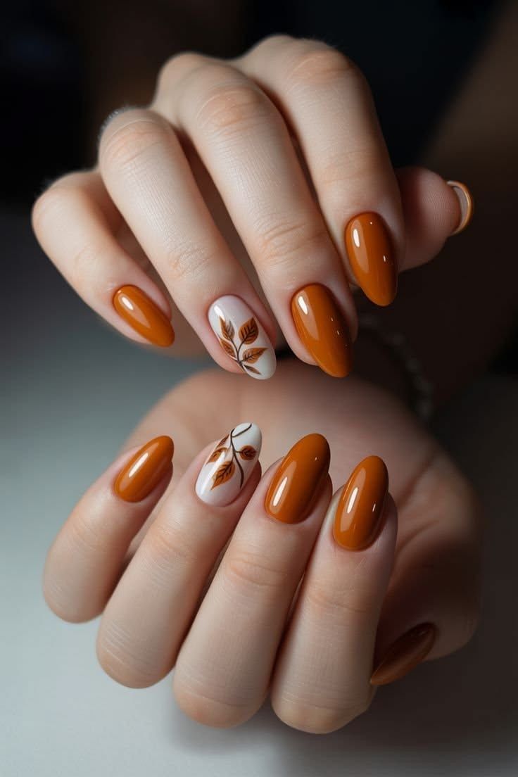 Simple Short Ochre Nails With Autumn Leaf Branch
