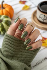 Simple Short Olive Green Nails With Gold Stripe