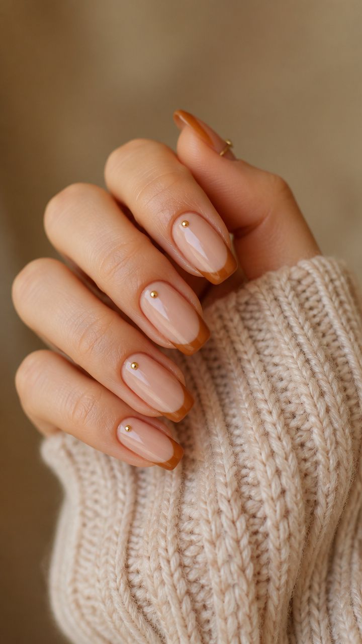 Simple Short Pumpkin Spice French Tips With Gold Studs
