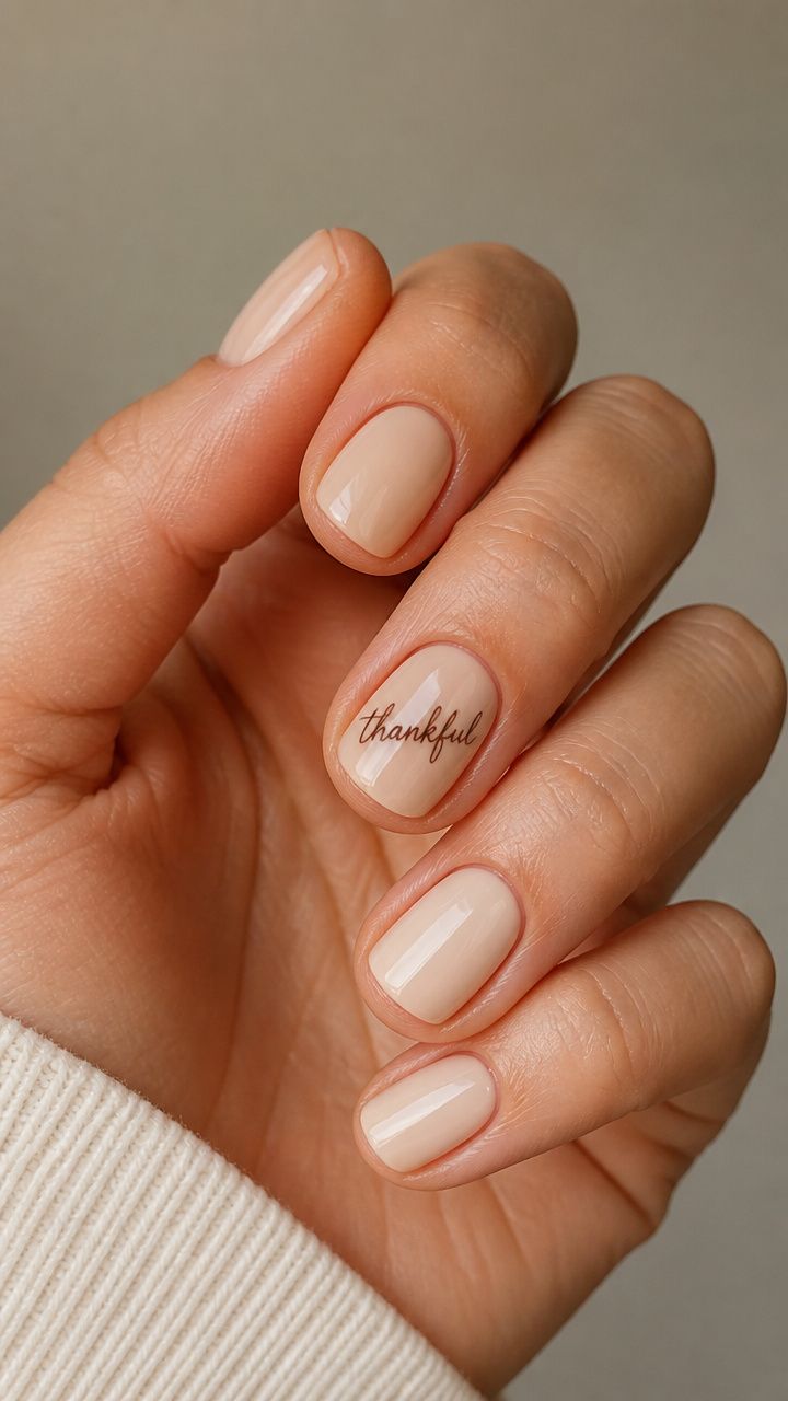 Simple Short Thankful Script Creamy Beige Nails