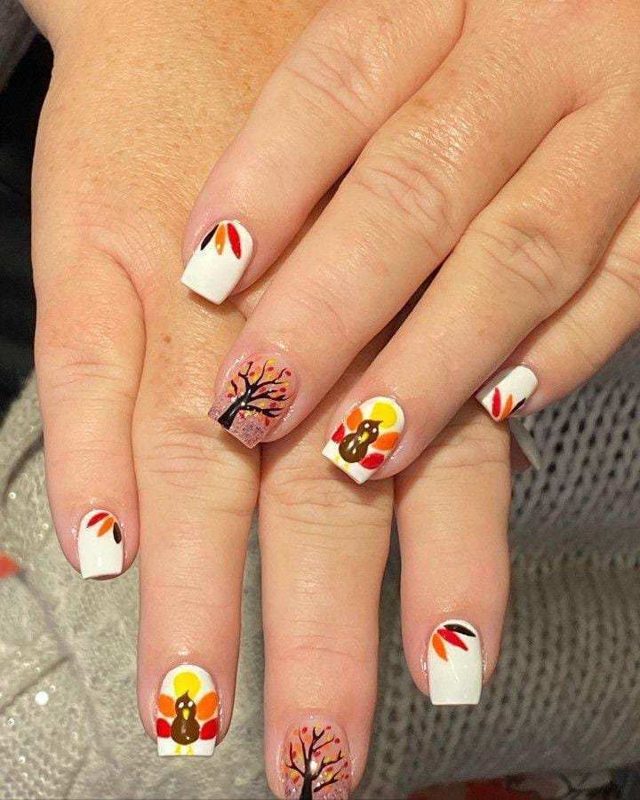 Simple Short Turkey And Fall Tree Thanksgiving Nails