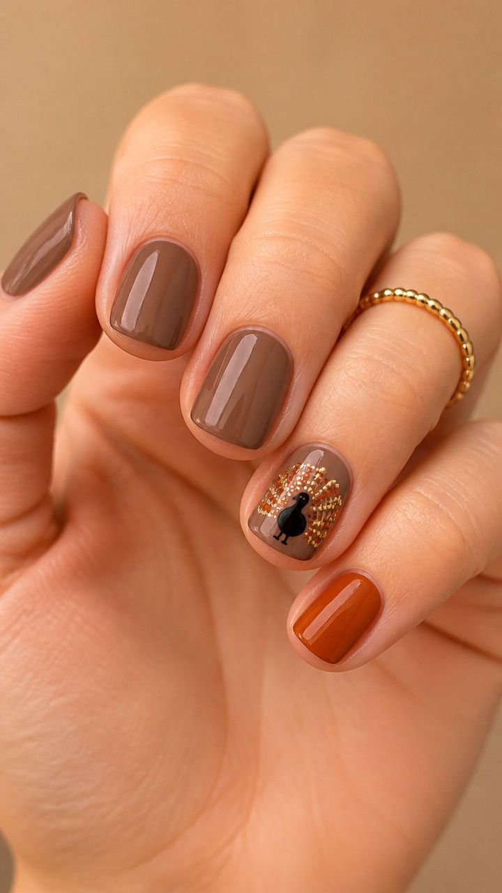 Simple Short Turkey Silhouette Thanksgiving Nails