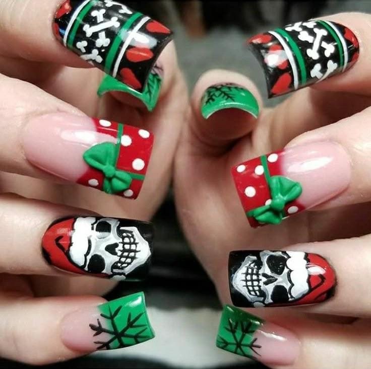 Skull Bones Gift Wrap Goth Nails