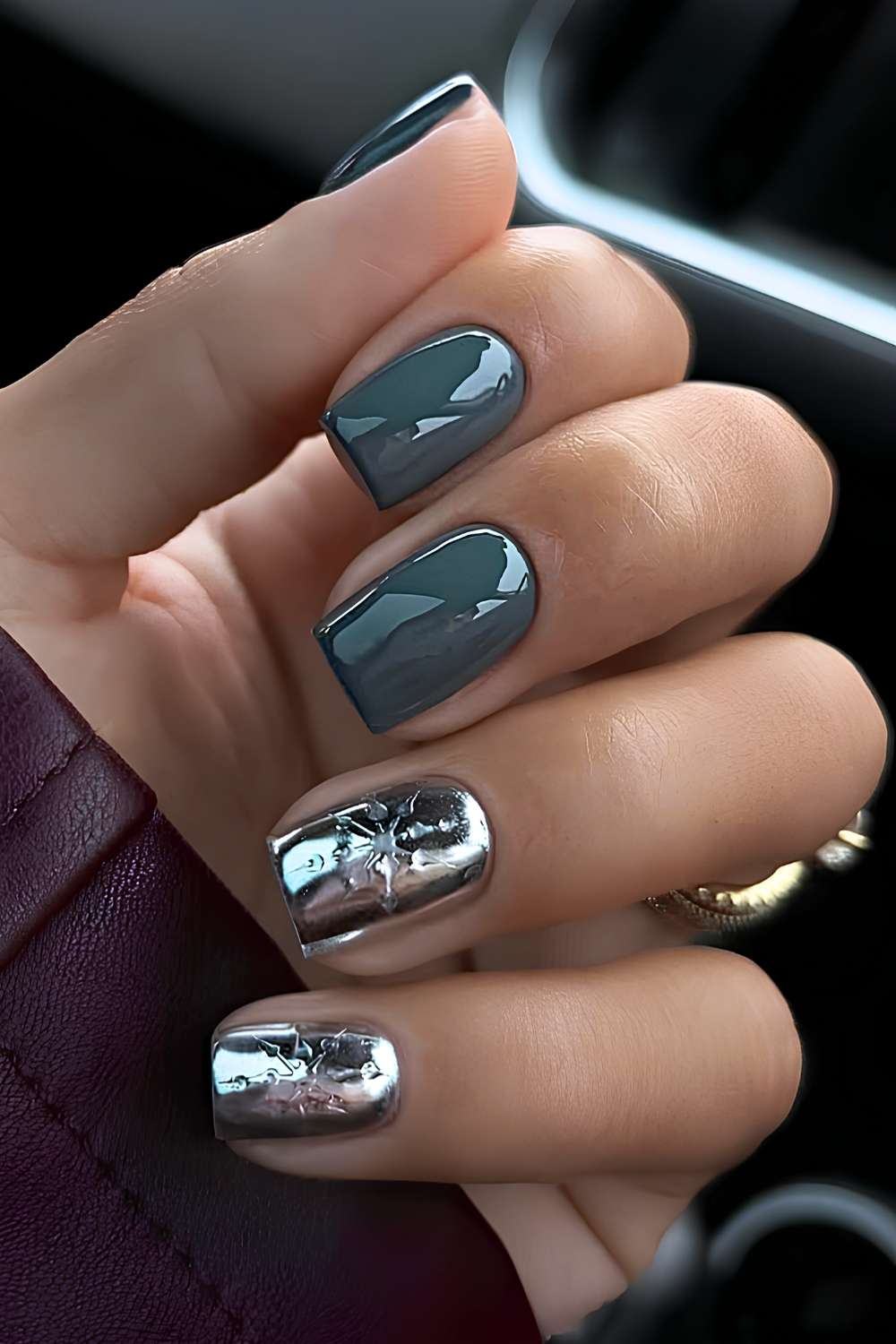 Slate Green Silver Chrome Nails