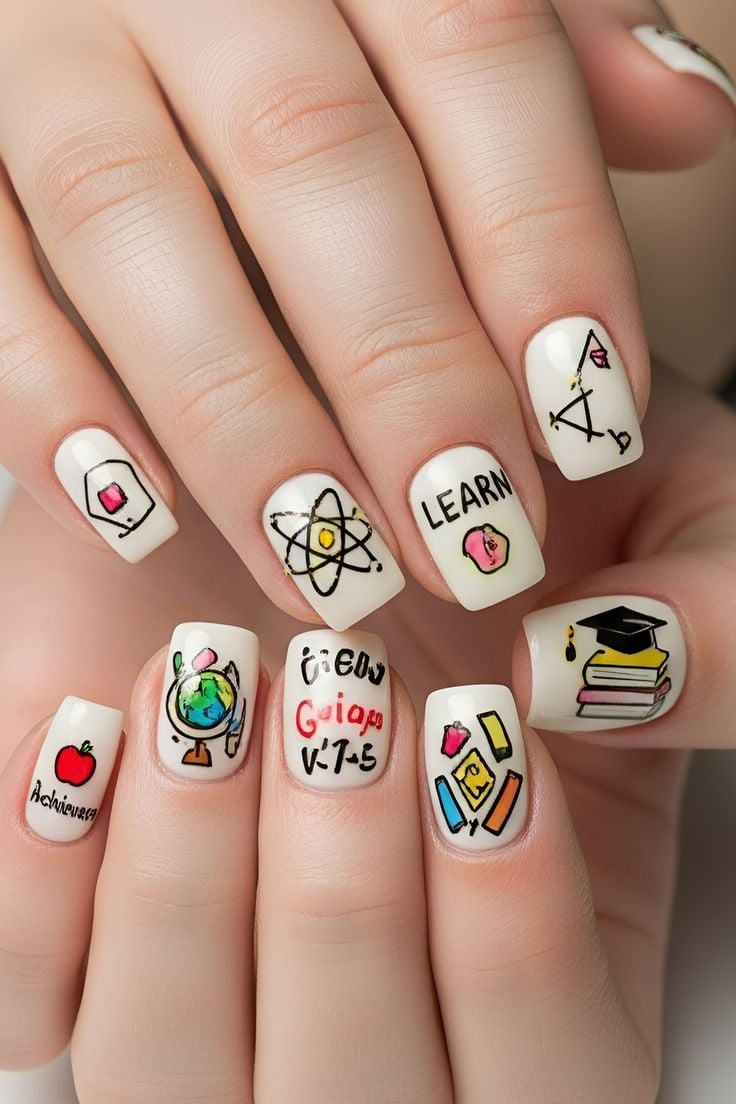 Almond nude nails with detailed hand-painted brown owl and stack of library books art.