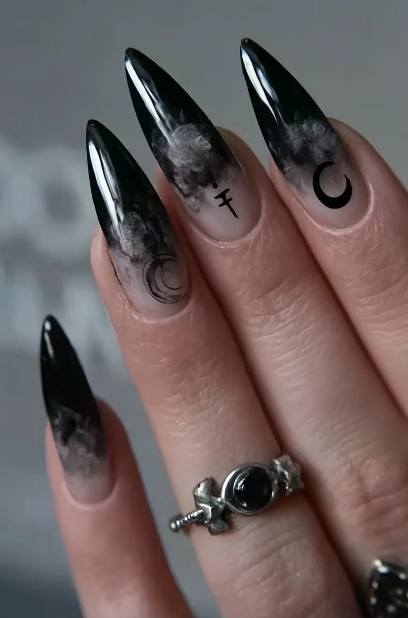 Smoky Aura Crescent Moon Stiletto Witchy Halloween Nails