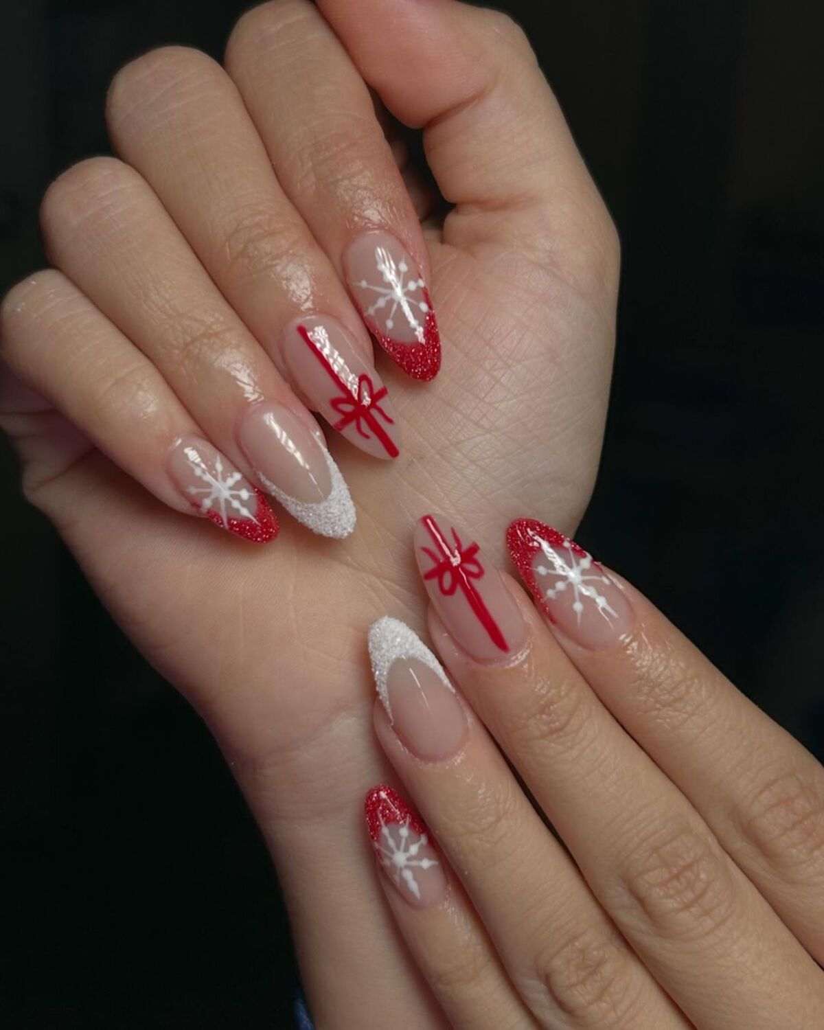 Snowflake Gift Bow Almond Nails