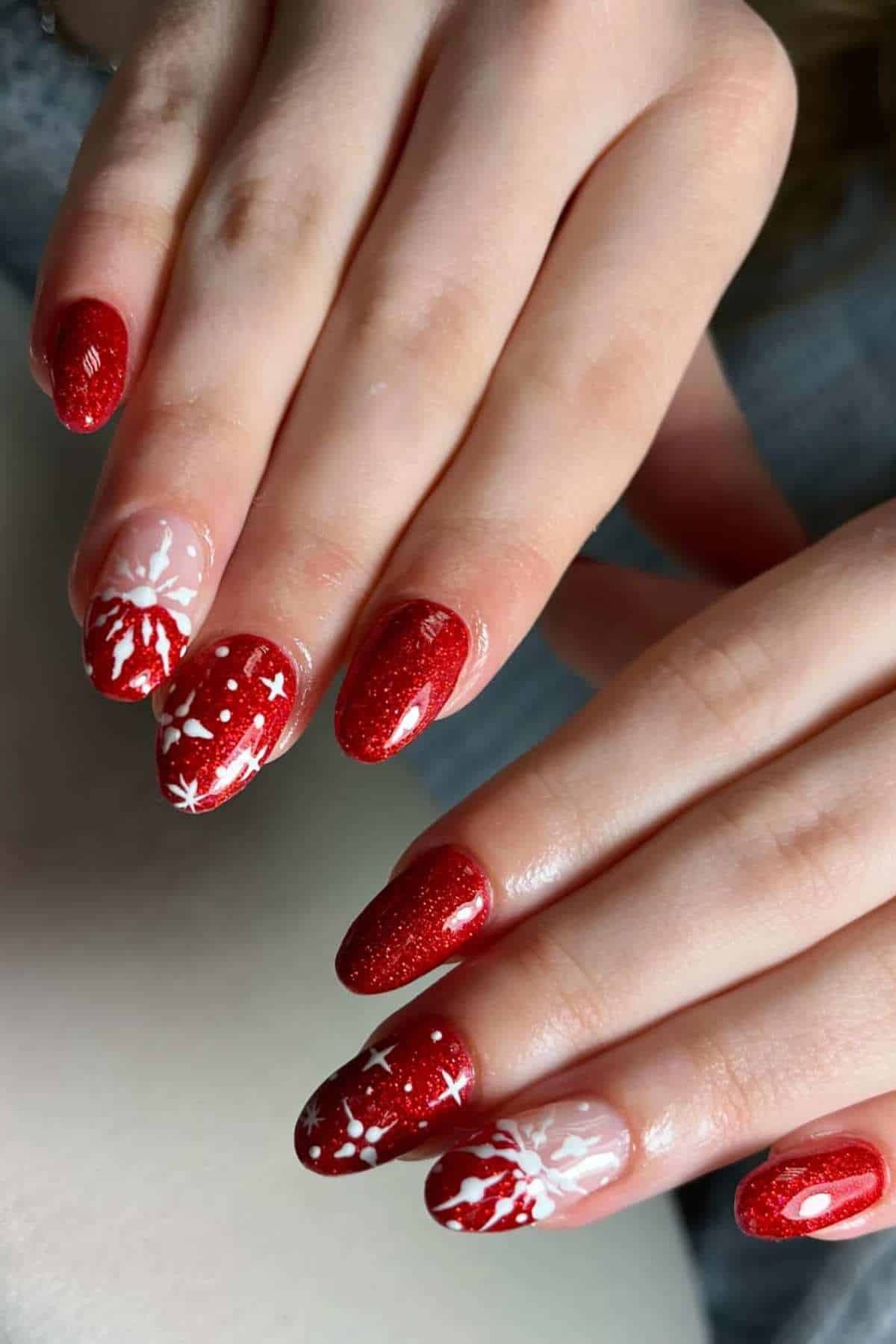 Snowflake Red Glitter Nails