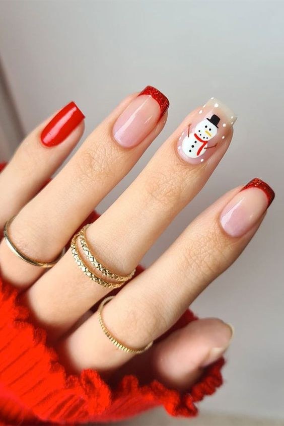 Snowman Accent Red Nails