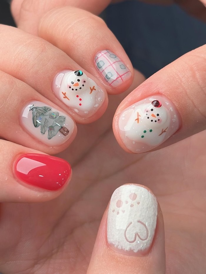 Snowman Plaid Accent Cute Nails