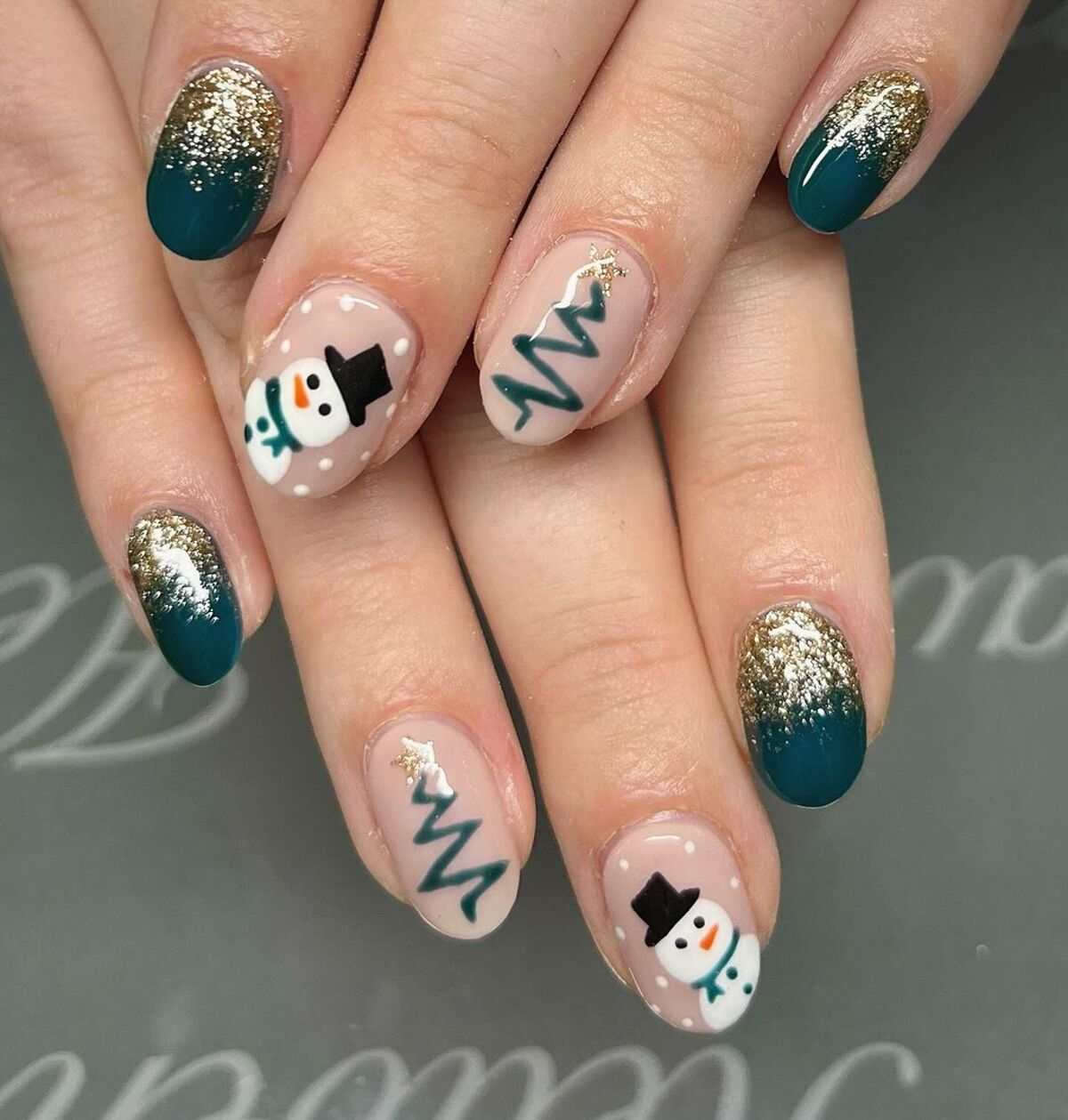 Snowman Tree Gold Almond Nails