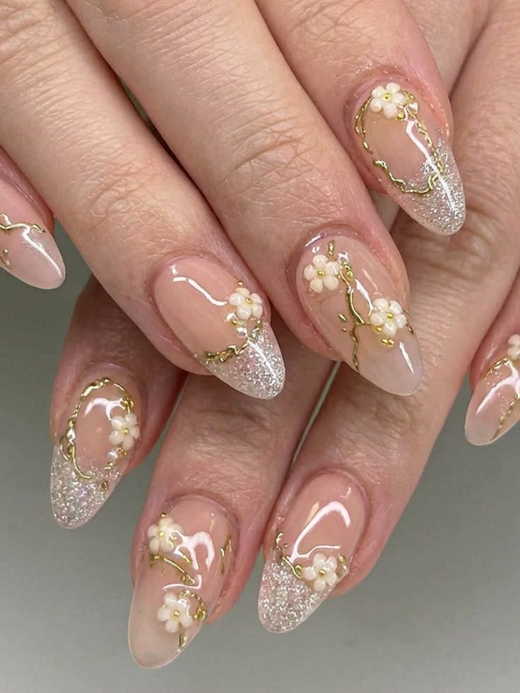 Soft Nude Nails With Silver Glitter Tips