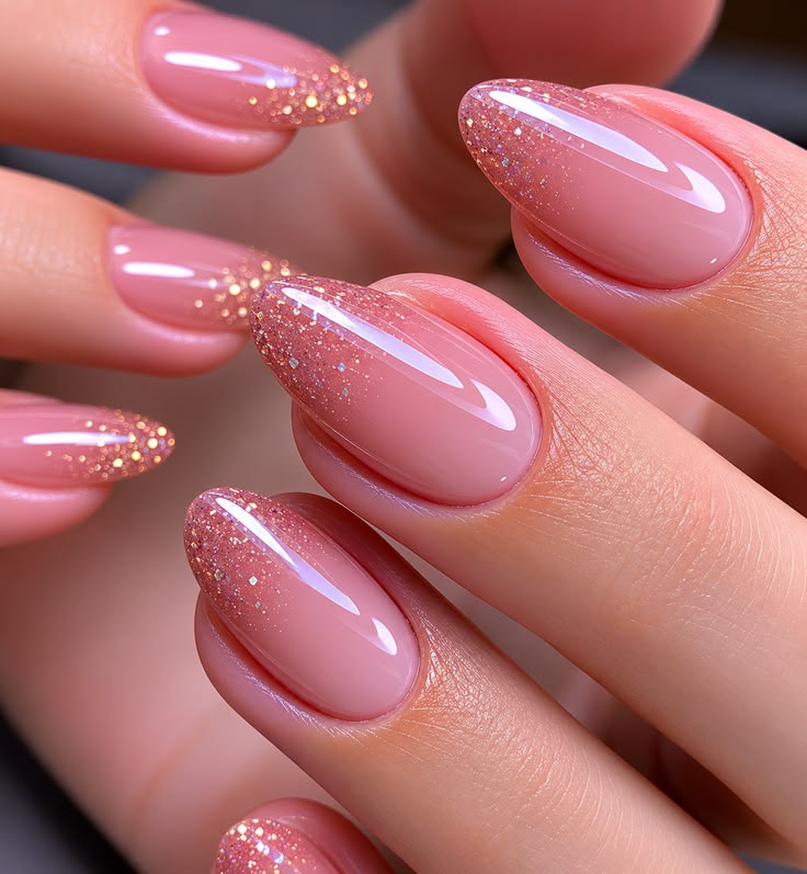 Soft Pink Ombre Nails With Delicate Rose Gold Glitter Tips