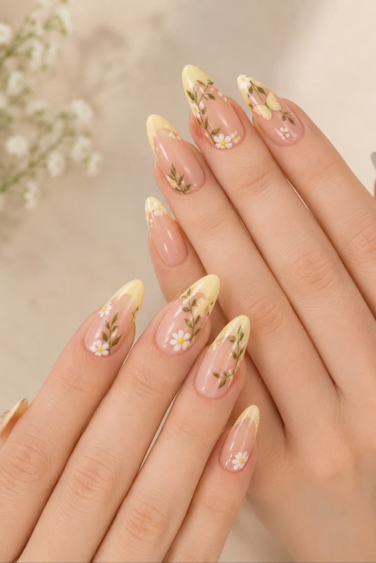 Soft Yellow Floral French Tip Nails