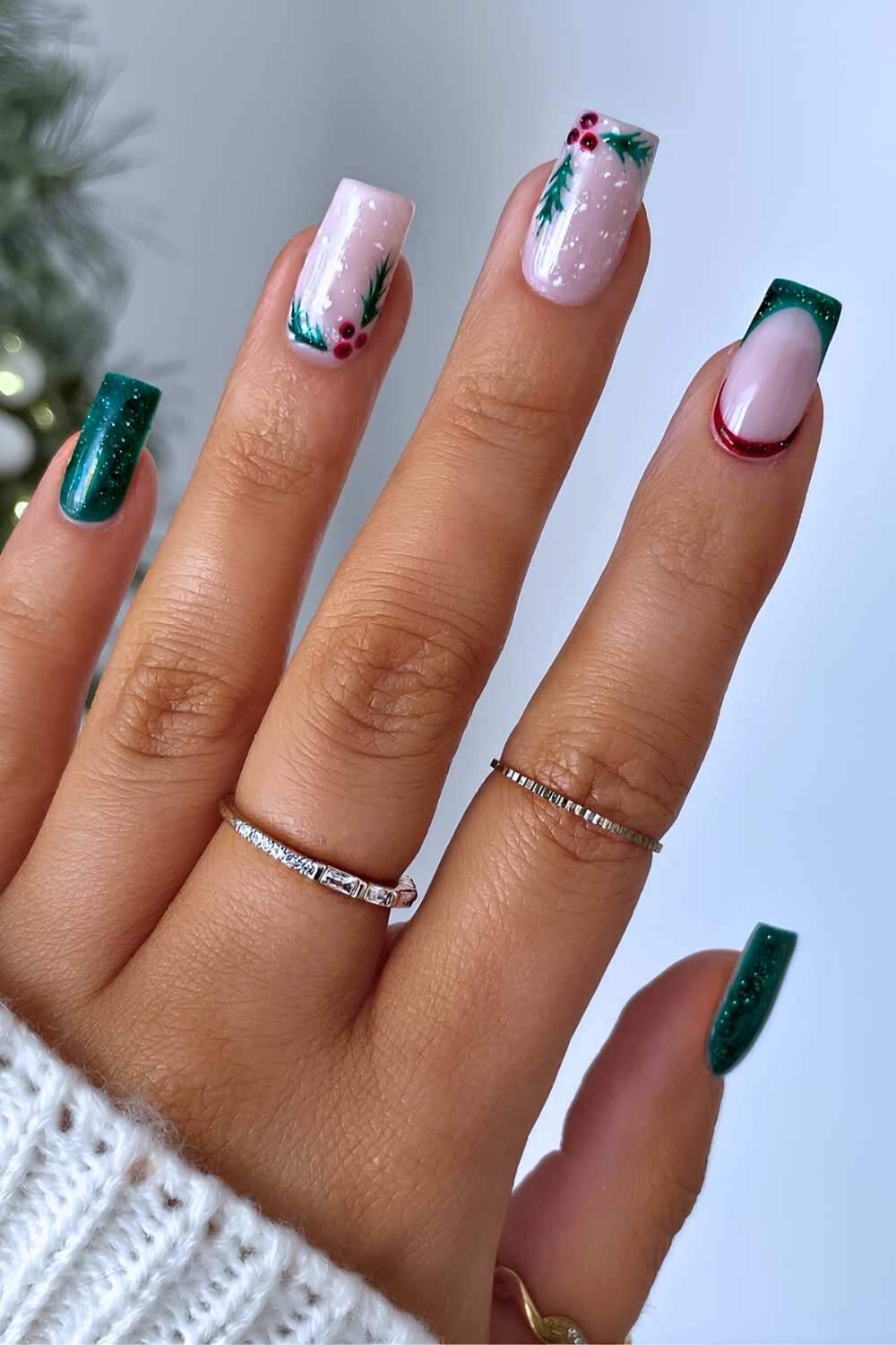 Sparkly Emerald Holly Berry Nails