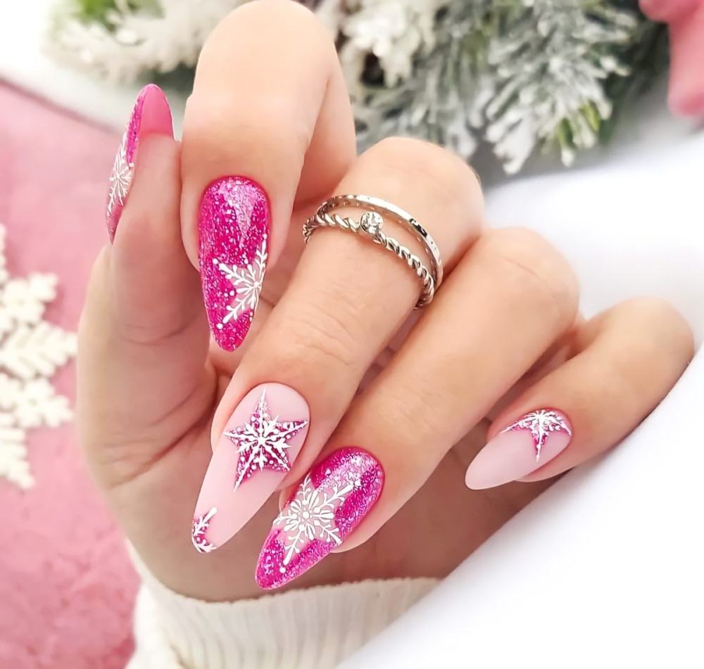 Sparkly Snowflake Glam Pink Nails