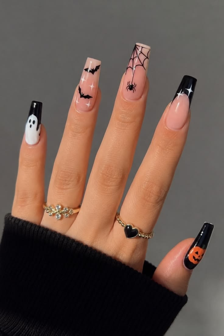 Spiderweb Black French Tips Nails