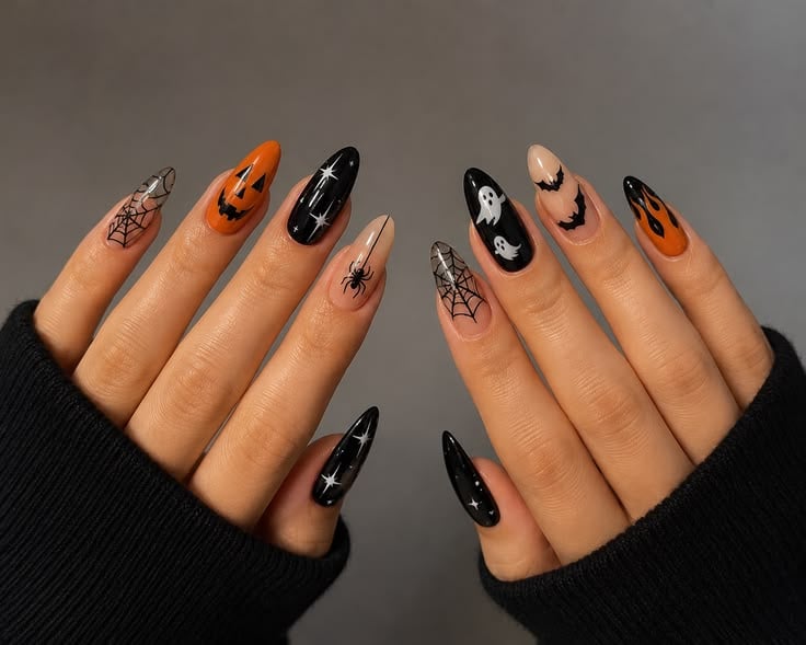 Square shaped glossy black and orange nails with dripping blood and web designs.