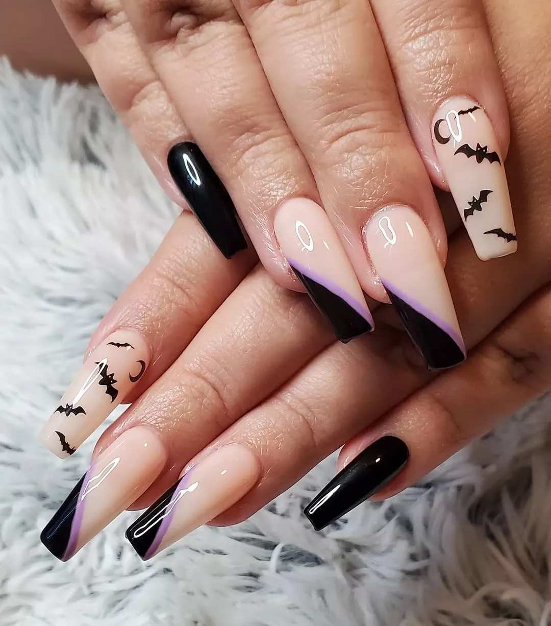 Spooky Black Lavender Ombre Coffin Nails Bats