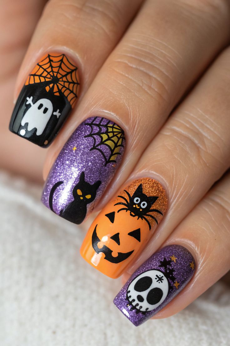 Almond shaped matte nude and black nails with minimalist spooky line art.