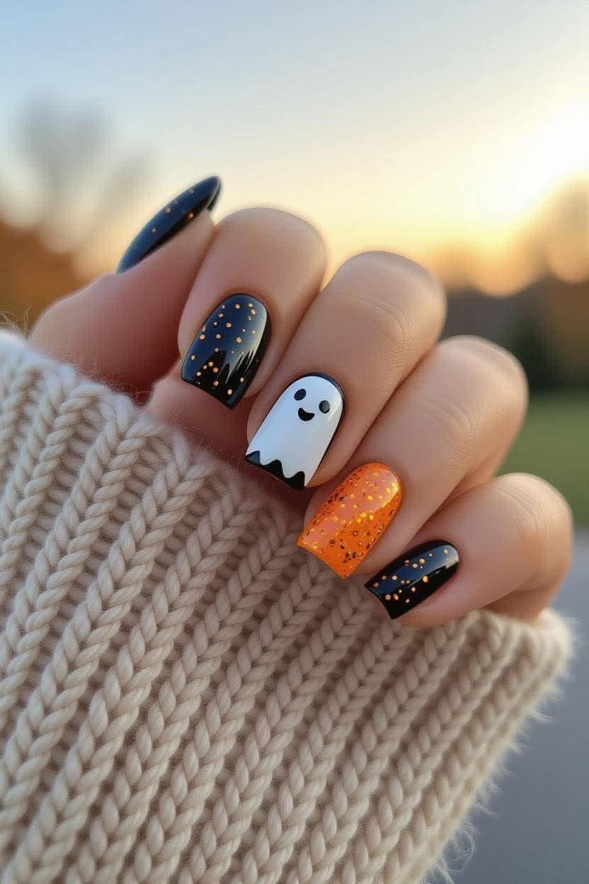 Oval shaped glossy black nails with eerie glowing white ghost illustrations.