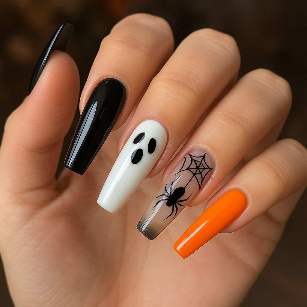 Spooky Ghost Spider Halloween Coffin Nails