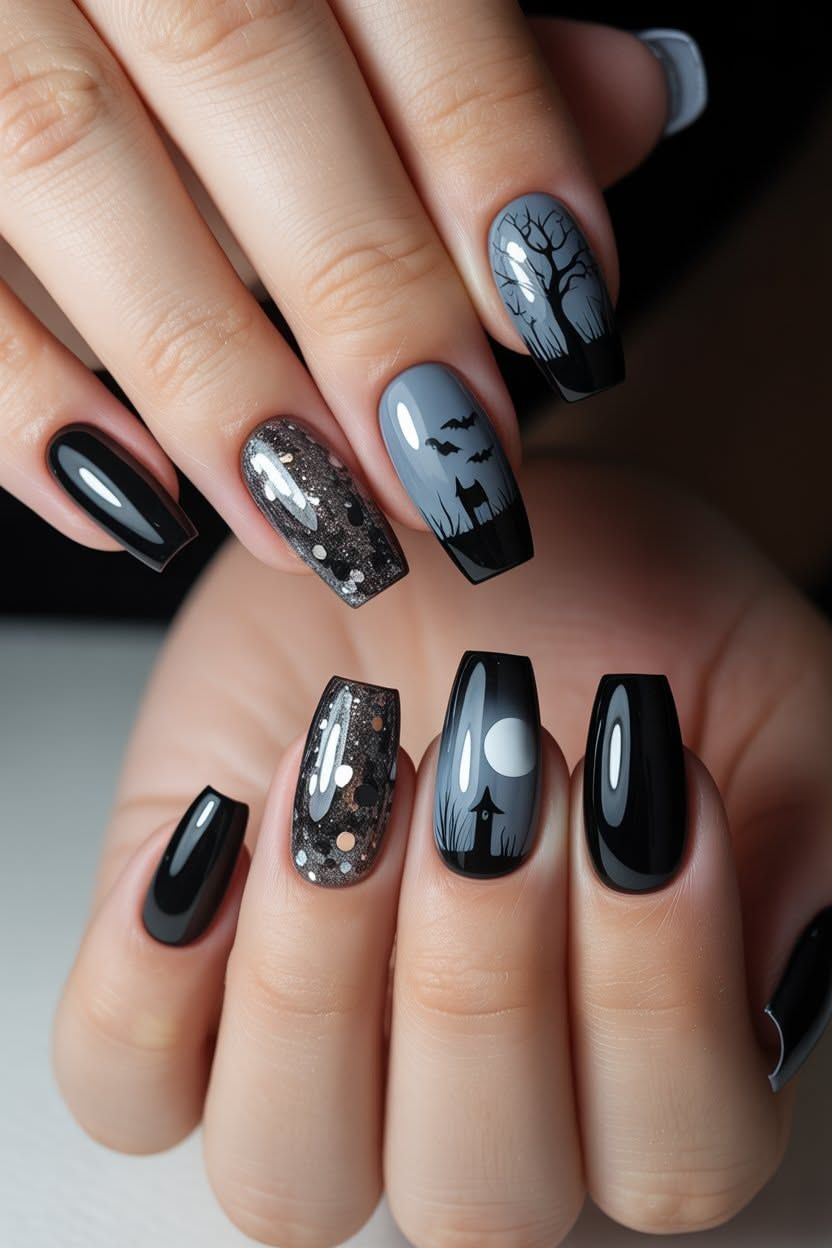 Spooky Haunted House Graveyard Full Moon Coffin Halloween Nails