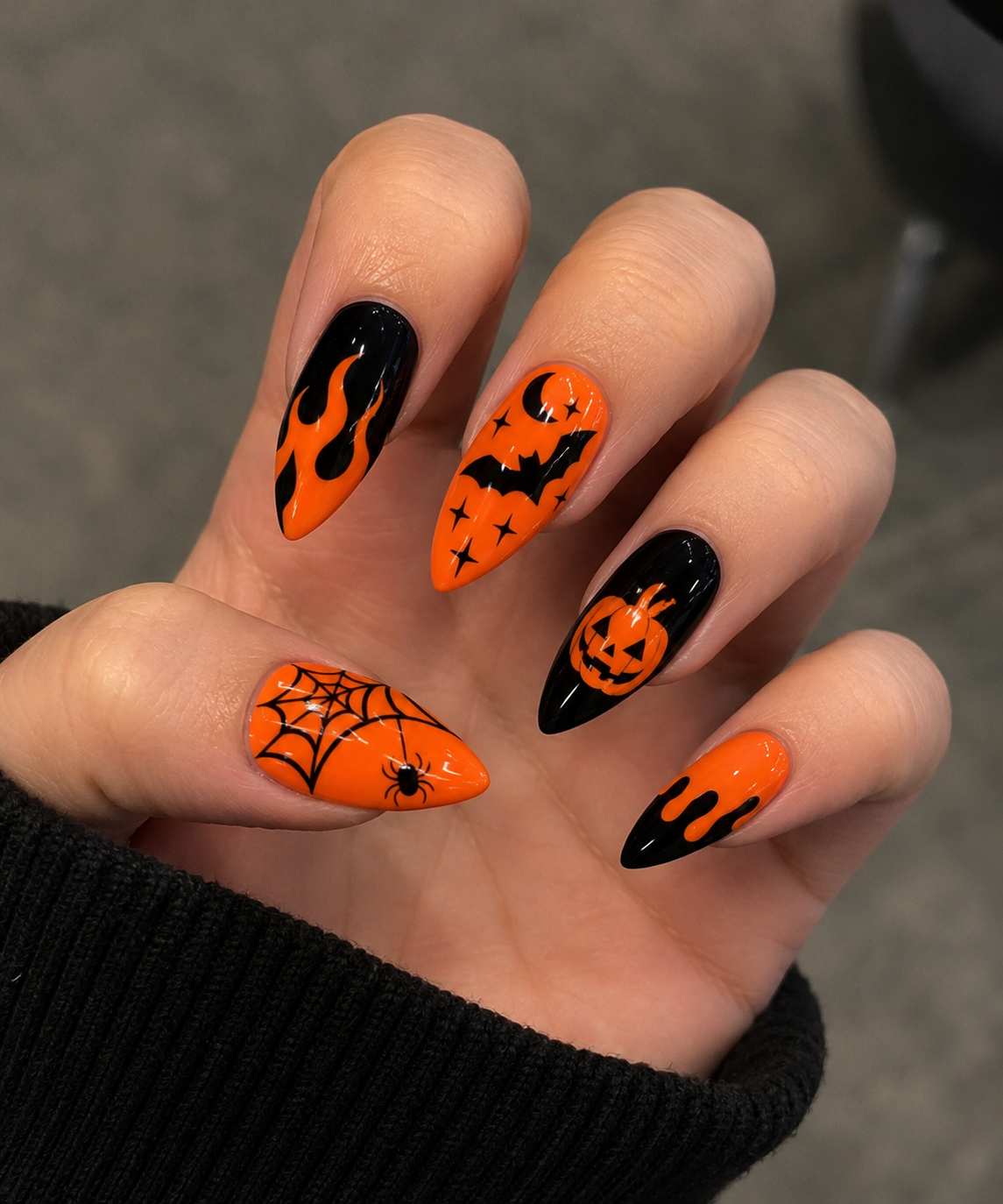 Spooky Orange And Black Pumpkin Bat Spider Almond Halloween Nails