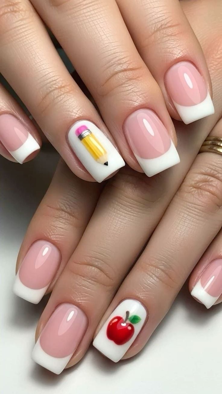 Medium square nails painted to resemble #2 pencils with silver ferrules and pink erasers.
