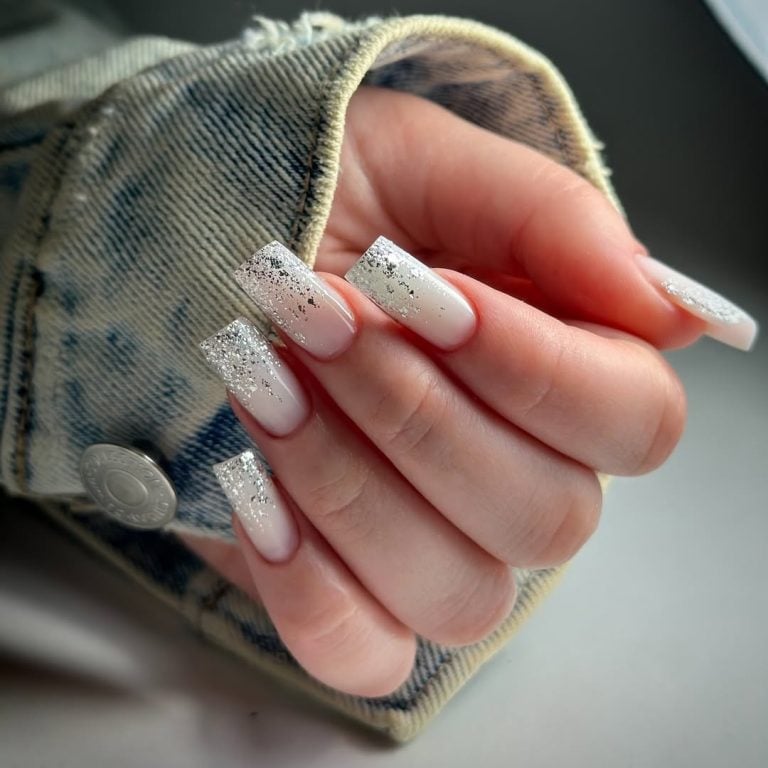 Medium square shaped crisp milky white nails for a family reunion.