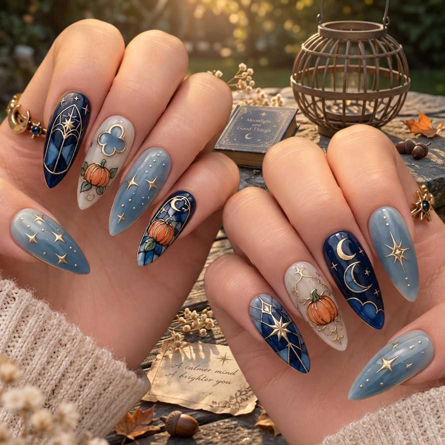 Stained Glass Gothic Pumpkin And Moon Witchy Halloween Nails