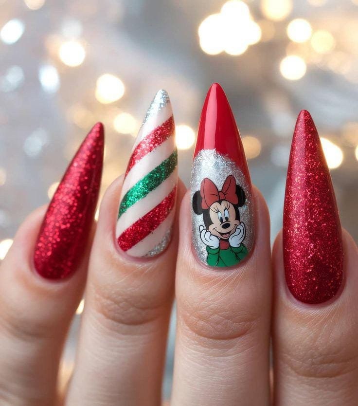 Stiletto Red Glitter Candy Minnie Disney Nails