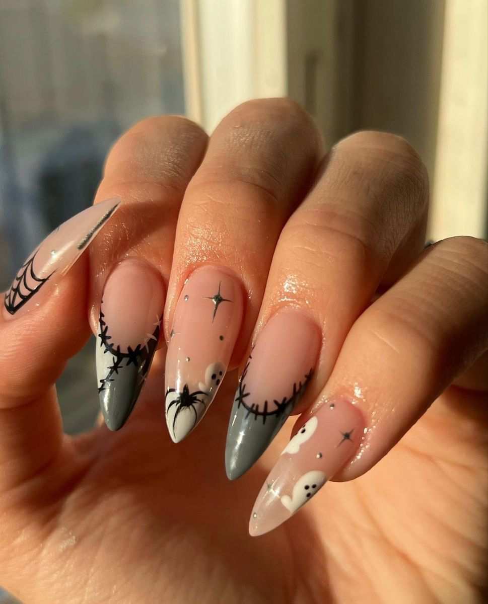 Stitched French Tip And Spider Ghost Halloween Nails